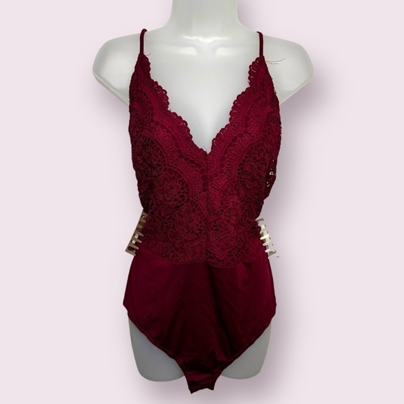 NWT Boohoo Premium Lace Bodysuit - Burgundy Sheer Lingerie Style, Size 20 - Picture 2 of 8